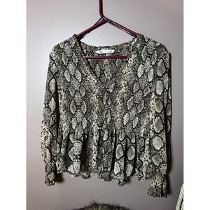 Zara Snake Print Smocked Peplum Blouse Brown Tan V-Neck Long Sleeve XL